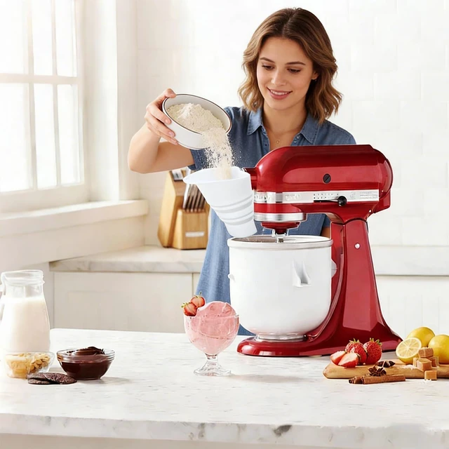 Alt view image 7 of 7 - Flour Funnel Attachment for KitchenAid Stand Mixer, Hands-Free No-Spill Pouring Shield for Tilt-Head 4.5 & 5 Qt Bowls (KSM150), Dishwasher Safe Baking Accessory for Dry & Liquid Ingredients (Soft)