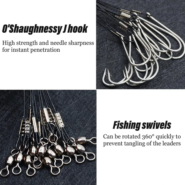 Alt view image 4 of 7 - Saltwater Fishing Hook Rigs,Steel Leaders Long Shank Hook for Surf Fishing,Black Leader Wire O'shaughnessy Forged Hook for Freshwater (3/0-12-45lb, 8pcs)