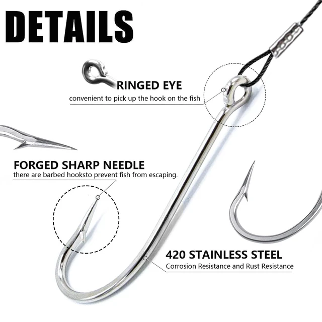 Alt view image 5 of 7 - Saltwater Fishing Hook Rigs,Steel Leaders Long Shank Hook for Surf Fishing,Black Leader Wire O'shaughnessy Forged Hook for Freshwater (3/0-12-45lb, 8pcs)