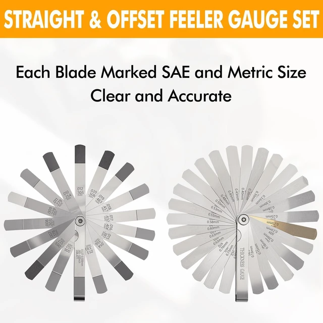 Alt view image 3 of 6 - 2PCS Stainless Steel Straight & Angled Feeler Gauges Set | Standard SAE/Metric Thickness Measuring Tool, Spark Plug Gap Tool, For Valves, Spark Plug, Guitar, Piston