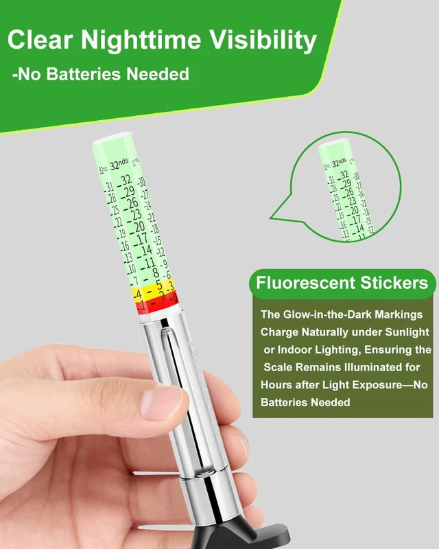 Alt view image 3 of 7 - Tire Tread Depth Gauge, Fluorescent Color-Coded Tread Depth Gauge in 1/32 Inch,Pocket Clip Tyre Wear Measure Tool for Car, Semi Truck, Motorcycle Tire Check, Glow-in-The-Dark(Pack of 2)