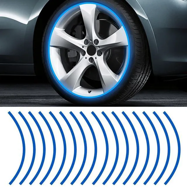 Main image of 16PCS 17''-19'' Reflective Wheel Rim Stripe Decal Sticker, Universal Night Safety Tape Reflective Stickers, Waterproof Tire Rim Decoration Stripe Decals for Motorcycle, Car, Bicycle (Blue)