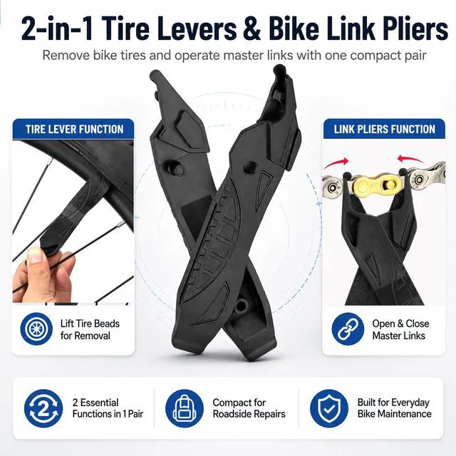 Alt view image 2 of 7 - 2-in-1 Bike Tire Levers and Master Link Pliers for Roadside Repairs | Compact bicycle repair tool with tire levers, quick link pliers, valve deflator, chain hook and spare link storage