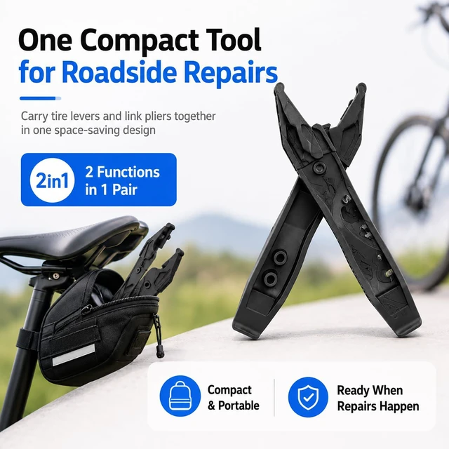 Alt view image 6 of 7 - 2-in-1 Bike Tire Levers and Master Link Pliers for Roadside Repairs | Compact bicycle repair tool with tire levers, quick link pliers, valve deflator, chain hook and spare link storage