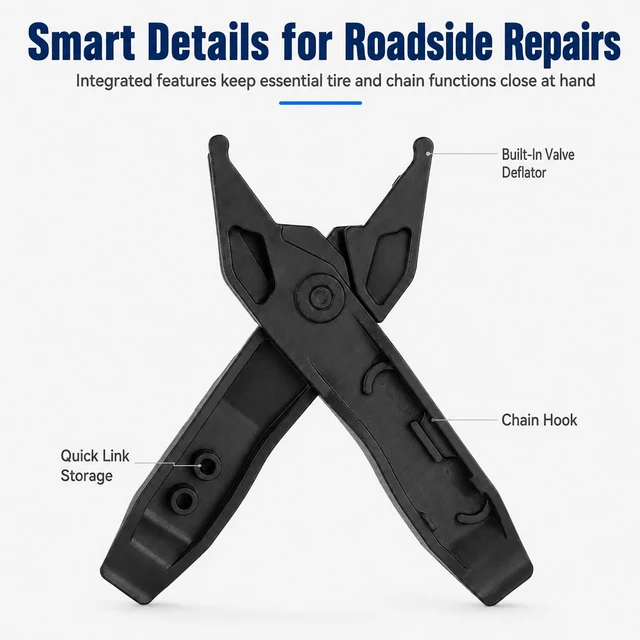 Alt view image 5 of 7 - 2-in-1 Bike Tire Levers and Master Link Pliers for Roadside Repairs | Compact bicycle repair tool with tire levers, quick link pliers, valve deflator, chain hook and spare link storage
