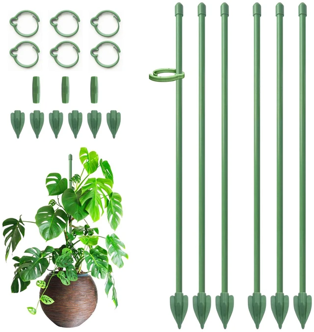 Main image of Plant Stakes for Indoor Plants, 14 Inch Plant Support Stakes, 6 PCS | Tall Adjustable Garden Plant Sticks, with Clips for Indoor Monstera Tomato Orchid Potted Plants Flower, Green