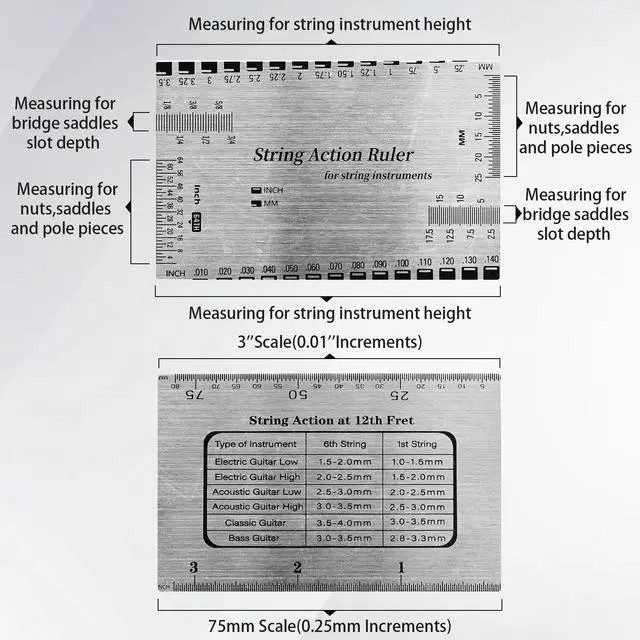 Alt view image 2 of 7 - Guitar String Action Gauge Ruler, Stainless Steel Luthier Setup Tool | String Action Measurement,Stainless Steel Construction,Clear Scale Markings,Compact Setup Tool,Versatile Application