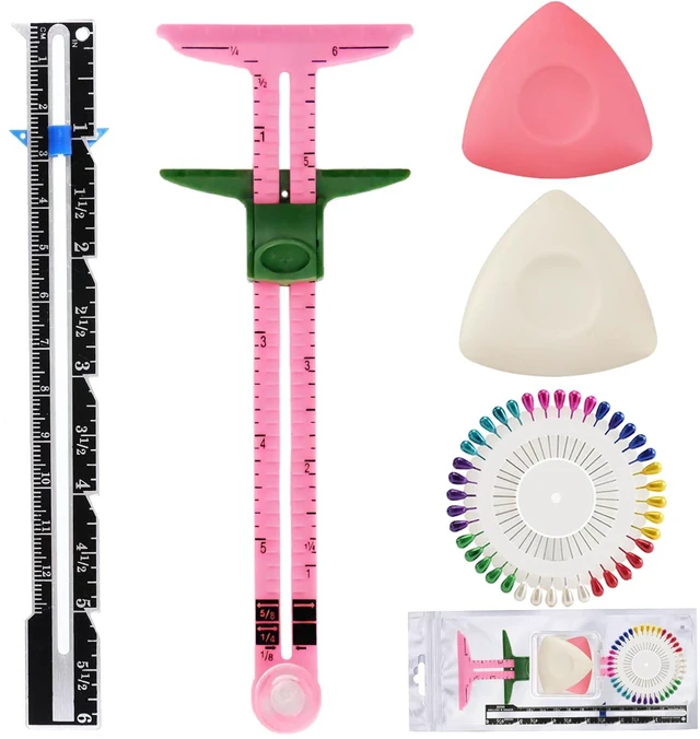 Main image of 5 Piece Sewing Gauge Set, 5-in-1 Sliding Ruler & Seam Gauge, Pink | Acrylic measuring tools | Includes 2 fabric chalks & 40 pins | For seam allowance, hems, button spacing, quilting & crafting