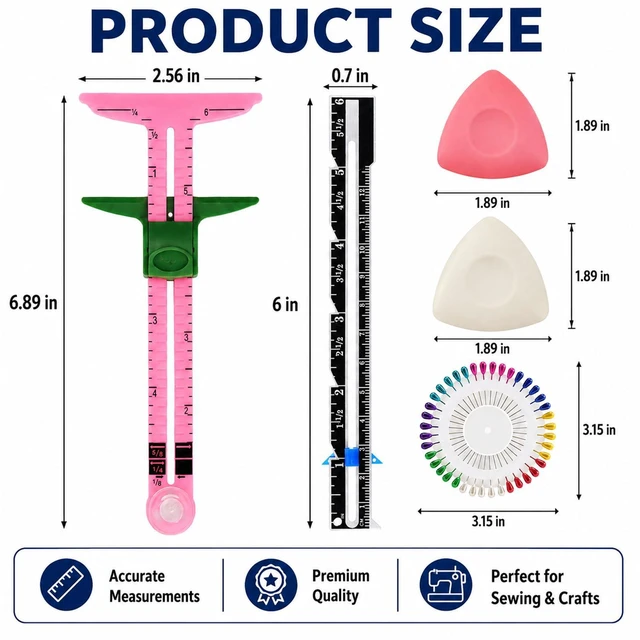 Alt view image 2 of 7 - 5 Piece Sewing Gauge Set, 5-in-1 Sliding Ruler & Seam Gauge, Pink | Acrylic measuring tools | Includes 2 fabric chalks & 40 pins | For seam allowance, hems, button spacing, quilting & crafting
