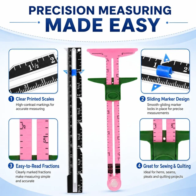 Alt view image 3 of 7 - 5 Piece Sewing Gauge Set, 5-in-1 Sliding Ruler & Seam Gauge, Pink | Acrylic measuring tools | Includes 2 fabric chalks & 40 pins | For seam allowance, hems, button spacing, quilting & crafting