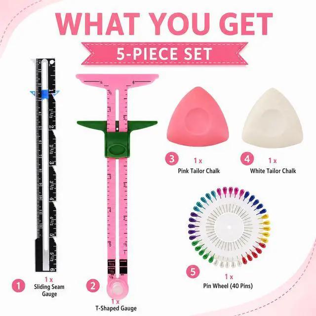 Alt view image 4 of 7 - 5 Piece Sewing Gauge Set, 5-in-1 Sliding Ruler & Seam Gauge, Pink | Acrylic measuring tools | Includes 2 fabric chalks & 40 pins | For seam allowance, hems, button spacing, quilting & crafting