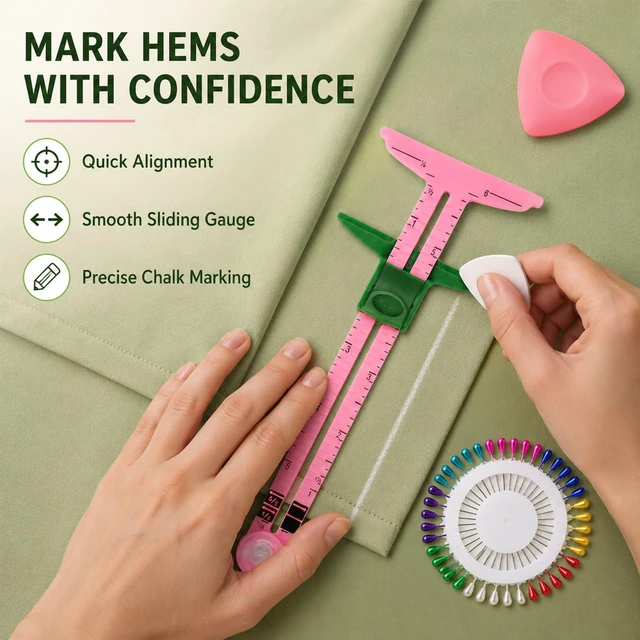 Alt view image 6 of 7 - 5 Piece Sewing Gauge Set, 5-in-1 Sliding Ruler & Seam Gauge, Pink | Acrylic measuring tools | Includes 2 fabric chalks & 40 pins | For seam allowance, hems, button spacing, quilting & crafting