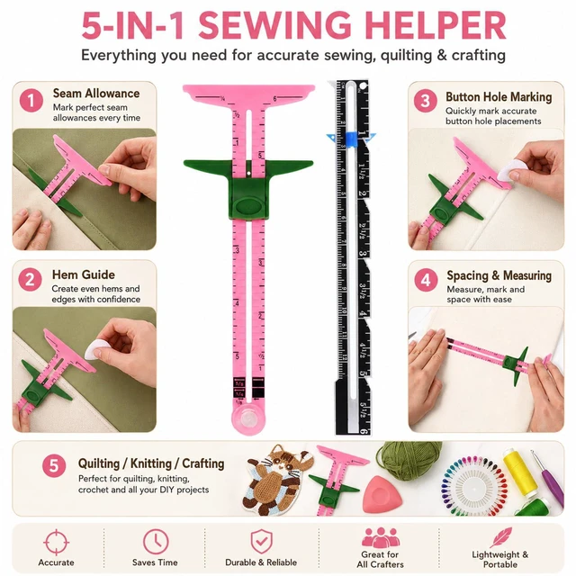 Alt view image 5 of 7 - 5 Piece Sewing Gauge Set, 5-in-1 Sliding Ruler & Seam Gauge, Pink | Acrylic measuring tools | Includes 2 fabric chalks & 40 pins | For seam allowance, hems, button spacing, quilting & crafting