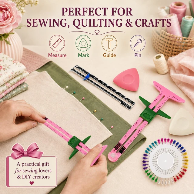 Alt view image 7 of 7 - 5 Piece Sewing Gauge Set, 5-in-1 Sliding Ruler & Seam Gauge, Pink | Acrylic measuring tools | Includes 2 fabric chalks & 40 pins | For seam allowance, hems, button spacing, quilting & crafting