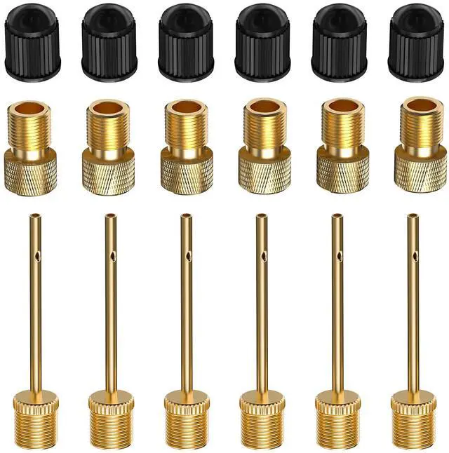 Main image of 6 Pack Presta-Schrader Valve Adapter Set w/Valve Caps & Ball Pump Needles | Brass Adapter Kit for Cyclists and Ballers. Works with Standard Pumps, Air Compressors for Home or On-the-Go.