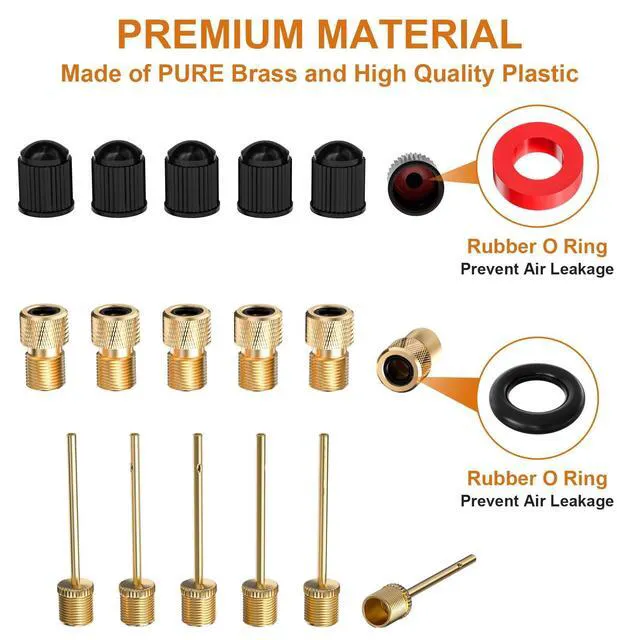 Alt view image 6 of 7 - 6 Pack Presta-Schrader Valve Adapter Set w/Valve Caps & Ball Pump Needles | Brass Adapter Kit for Cyclists and Ballers. Works with Standard Pumps, Air Compressors for Home or On-the-Go.