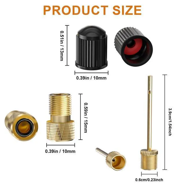 Alt view image 7 of 7 - 6 Pack Presta-Schrader Valve Adapter Set w/Valve Caps & Ball Pump Needles | Brass Adapter Kit for Cyclists and Ballers. Works with Standard Pumps, Air Compressors for Home or On-the-Go.