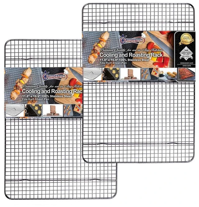 Main image of Half Sheet Cooling Rack Stainless Steel Oven Safe Set of 2 | Fits standard 13x18 half sheet pans for oven roasting, broiling, grilling, drying and baking sheet cooling