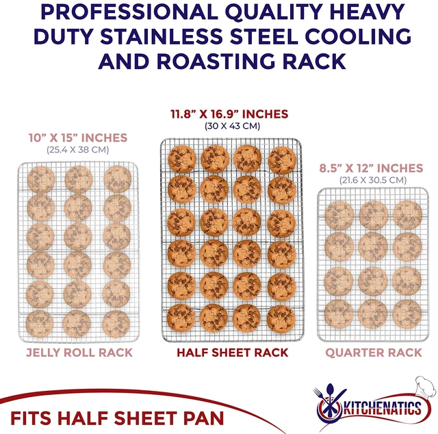 Alt view image 2 of 7 - Half Sheet Cooling Rack Stainless Steel Oven Safe Set of 2 | Fits standard 13x18 half sheet pans for oven roasting, broiling, grilling, drying and baking sheet cooling