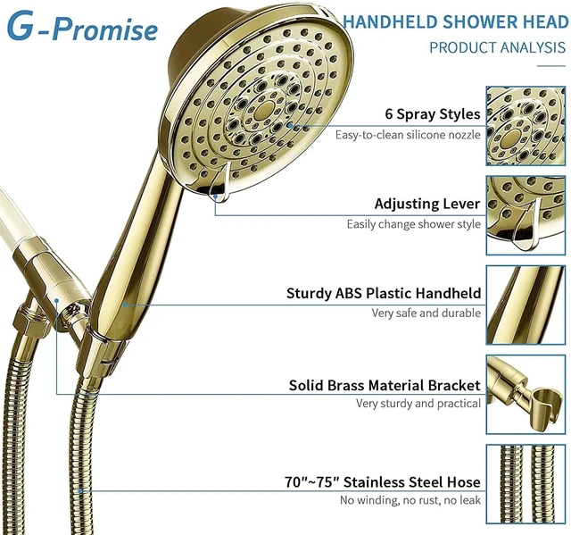 Alt view image 3 of 7 - Detachable Handheld Shower Head with Metal Holder & Hose | High Pressure, Adjustable Solid Brass Bracket Holder, 6 Spray Settings, 70" to 75" Long Stainless Steel Hose, Easy DIY