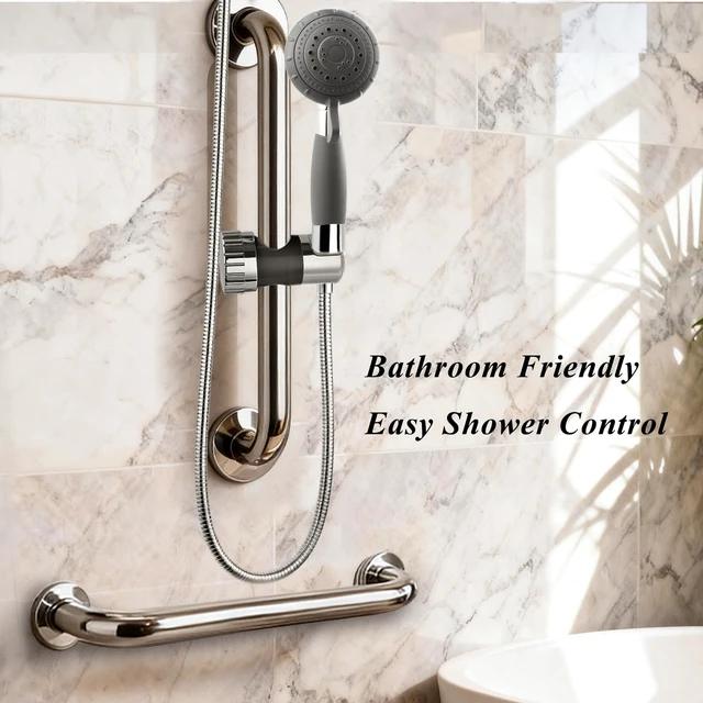 Alt view image 2 of 6 - Handheld Shower, Fits Elderly and People Disabled in Action | Big-button Turning, Silicone Grip, Pause Setting, for Parkinson, Arthritis, 79 Inch Stainless Steel Hose Included, Chrome