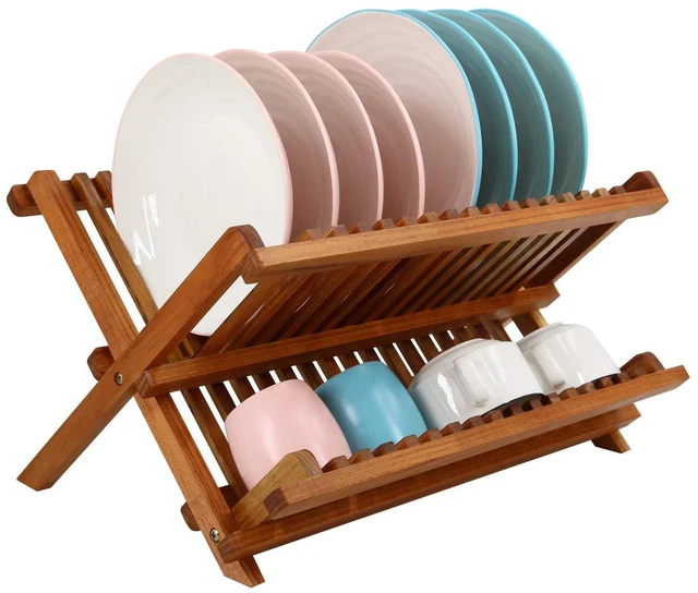 Main image of Teak Wood Dish Drying Rack, Foldable Plate Organizer Countertop | Dishes Drainer Racks Collapsible, Small Holder for Cups, Bowls, Pans, Pots, Compact Kitchen Counter, 2 Tier, Space Saving
