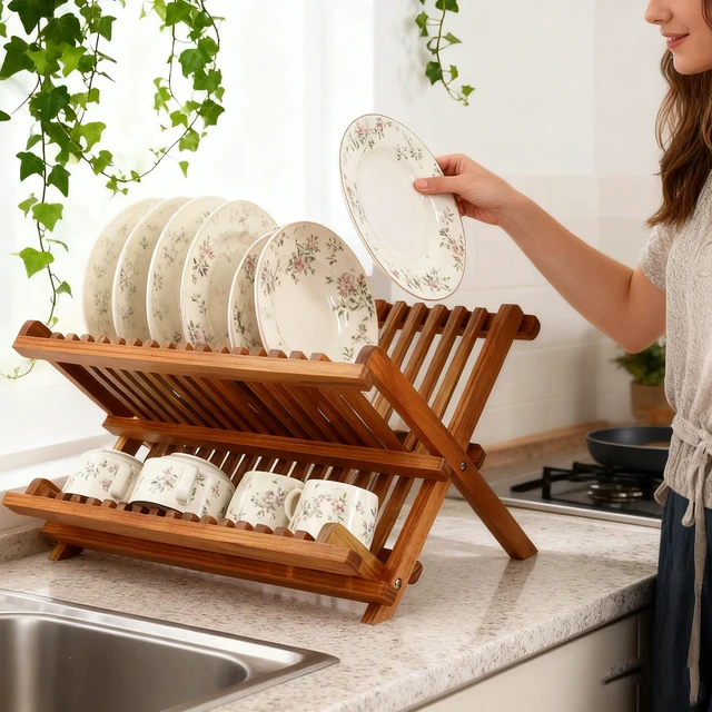 Alt view image 2 of 7 - Teak Wood Dish Drying Rack, Foldable Plate Organizer Countertop | Dishes Drainer Racks Collapsible, Small Holder for Cups, Bowls, Pans, Pots, Compact Kitchen Counter, 2 Tier, Space Saving