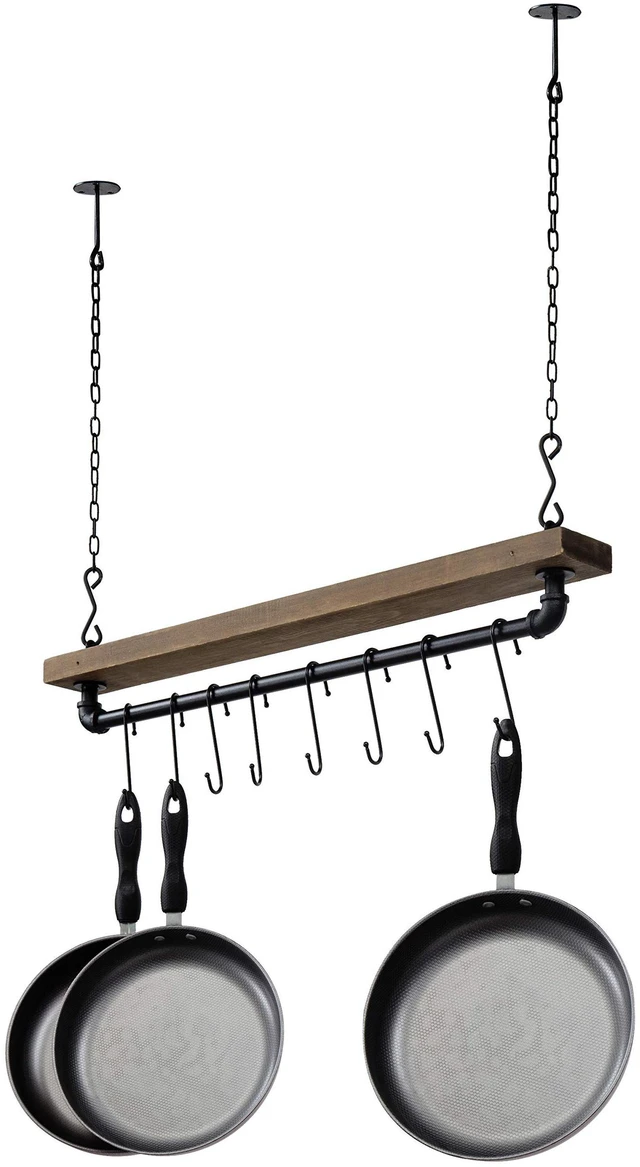 Main image of 30 Inch Ceiling or Wall Mounted Pot Rack with Rustic Brown Solid Wood Shelf and Industrial Matte Black Metal Pipe, Hanging Cookware Utensils Organizer with 8 S-Hooks