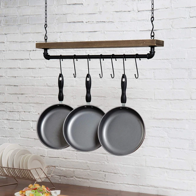 Alt view image 2 of 5 - 30 Inch Ceiling or Wall Mounted Pot Rack with Rustic Brown Solid Wood Shelf and Industrial Matte Black Metal Pipe, Hanging Cookware Utensils Organizer with 8 S-Hooks