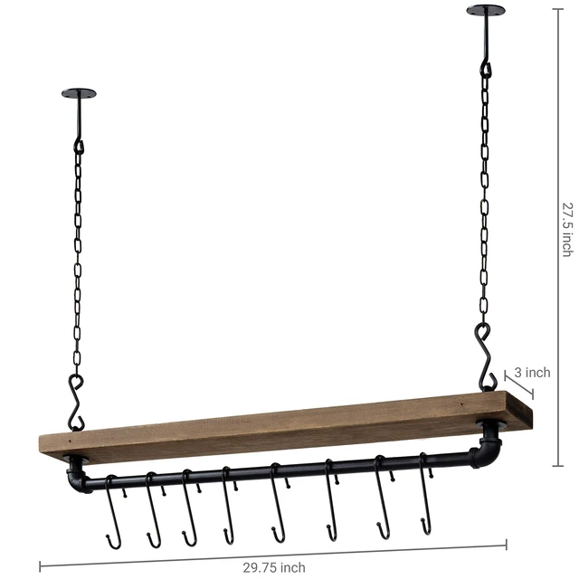 Alt view image 4 of 5 - 30 Inch Ceiling or Wall Mounted Pot Rack with Rustic Brown Solid Wood Shelf and Industrial Matte Black Metal Pipe, Hanging Cookware Utensils Organizer with 8 S-Hooks