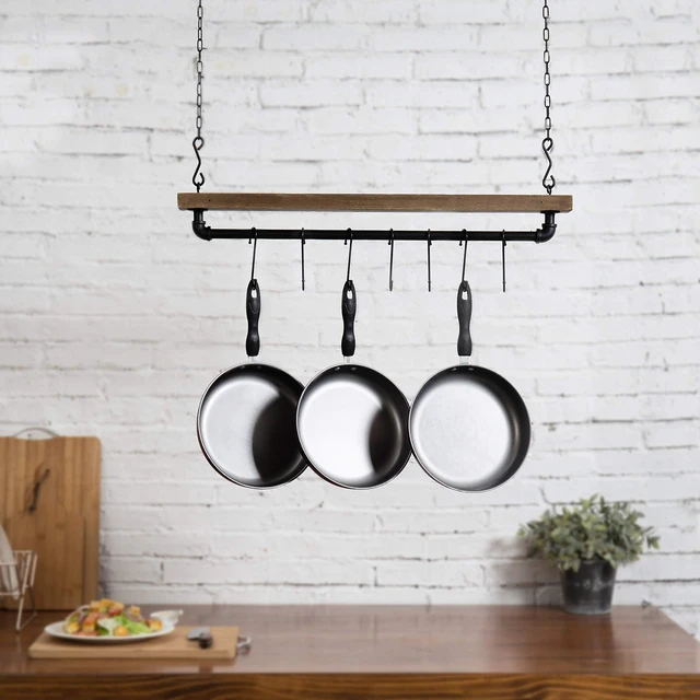 Alt view image 3 of 5 - 30 Inch Ceiling or Wall Mounted Pot Rack with Rustic Brown Solid Wood Shelf and Industrial Matte Black Metal Pipe, Hanging Cookware Utensils Organizer with 8 S-Hooks