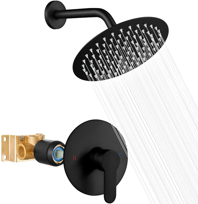 Main image of 8-Inch Round Rain Shower Faucet Set with Valve, Matte Black | SUS304 stainless steel shower head, brass rough-in valve, single-handle control, 1.8 GPM, ideal for bathroom remodels