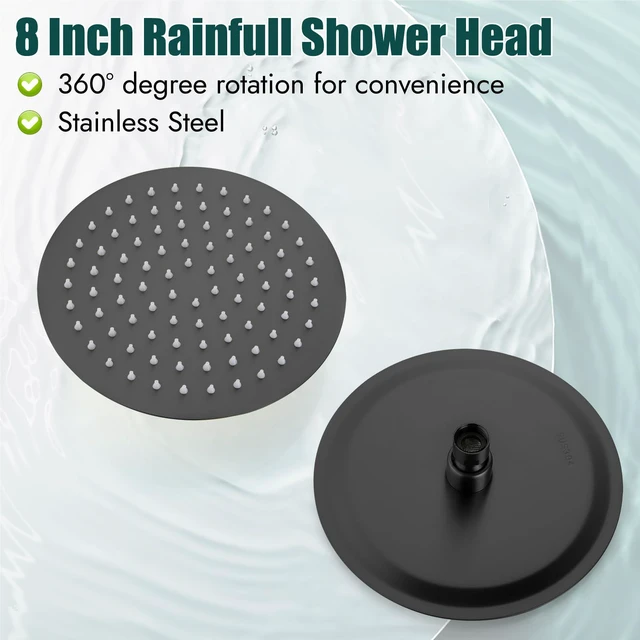 Alt view image 4 of 7 - 8-Inch Round Rain Shower Faucet Set with Valve, Matte Black | SUS304 stainless steel shower head, brass rough-in valve, single-handle control, 1.8 GPM, ideal for bathroom remodels