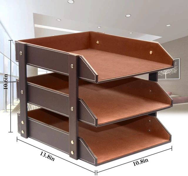 Alt view image 2 of 7 - Very Sturdy 3 Tier Leather Desk File Rack for Office Supplies/Stationery/Folder,Stackable Letter Tray Organizer,Document Filing Organizer Holder for Desktop Storage (Brown)