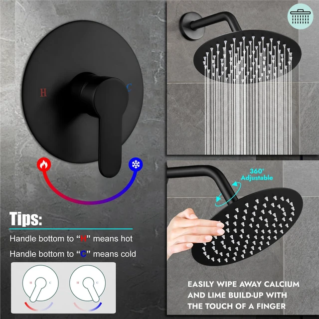 Alt view image 5 of 7 - 8-Inch Round Rain Shower Faucet Set with Valve, Matte Black | SUS304 stainless steel shower head, brass rough-in valve, single-handle control, 1.8 GPM, ideal for bathroom remodels