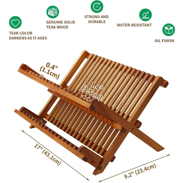 Alt view image 4 of 7 - Teak Wood Dish Drying Rack, Foldable Plate Organizer Countertop | Dishes Drainer Racks Collapsible, Small Holder for Cups, Bowls, Pans, Pots, Compact Kitchen Counter, 2 Tier, Space Saving