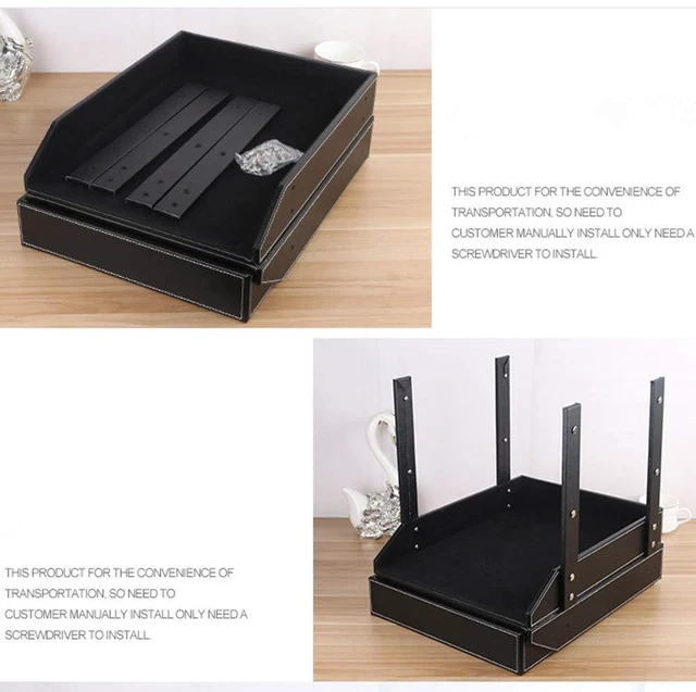 Alt view image 4 of 7 - Very Sturdy 3 Tier Leather Desk File Rack for Office Supplies/Stationery/Folder,Stackable Letter Tray Organizer,Document Filing Organizer Holder for Desktop Storage (Brown)