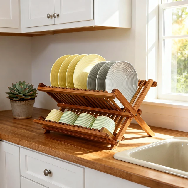 Alt view image 5 of 7 - Teak Wood Dish Drying Rack, Foldable Plate Organizer Countertop | Dishes Drainer Racks Collapsible, Small Holder for Cups, Bowls, Pans, Pots, Compact Kitchen Counter, 2 Tier, Space Saving