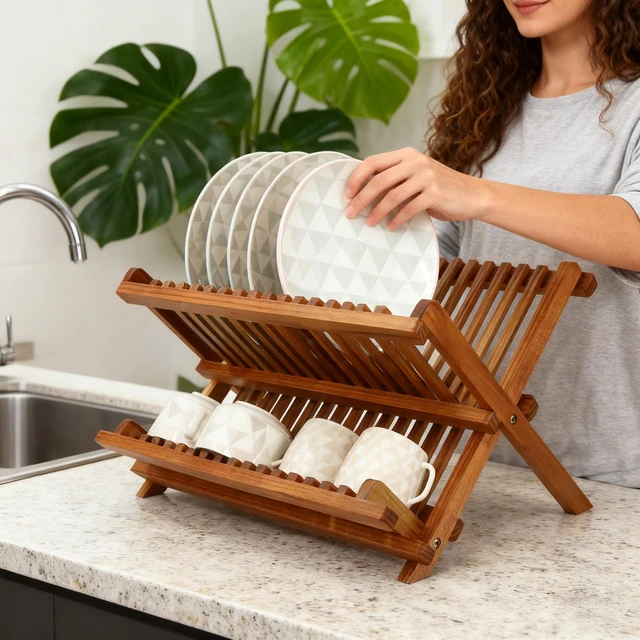 Alt view image 7 of 7 - Teak Wood Dish Drying Rack, Foldable Plate Organizer Countertop | Dishes Drainer Racks Collapsible, Small Holder for Cups, Bowls, Pans, Pots, Compact Kitchen Counter, 2 Tier, Space Saving