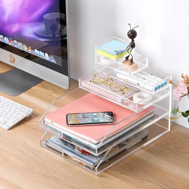 Alt view image 2 of 7 - (2pcs Pack) Stackable Clear Acrylic Paper Trays, Desk File Organizer, A4 Paper Holder, Letter Tray