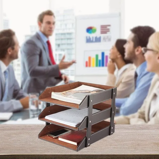 Alt view image 7 of 7 - Very Sturdy 3 Tier Leather Desk File Rack for Office Supplies/Stationery/Folder,Stackable Letter Tray Organizer,Document Filing Organizer Holder for Desktop Storage (Brown)