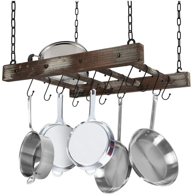 Main image of Hanging Pot Rack Pan Ceiling Wall Mounted Hanger Multi- Purpose Rustic Wood and Metal Cookware Kitchen Storage Organizer With Utility 16 Hooks - MK603B