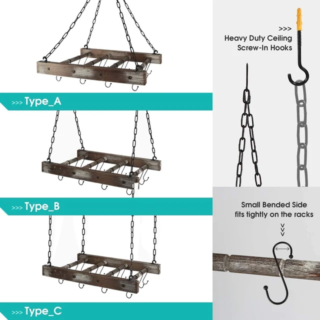 Alt view image 3 of 5 - Hanging Pot Rack Pan Ceiling Wall Mounted Hanger Multi- Purpose Rustic Wood and Metal Cookware Kitchen Storage Organizer With Utility 16 Hooks - MK603B