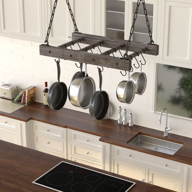 Alt view image 2 of 5 - Hanging Pot Rack Pan Ceiling Wall Mounted Hanger Multi- Purpose Rustic Wood and Metal Cookware Kitchen Storage Organizer With Utility 16 Hooks - MK603B