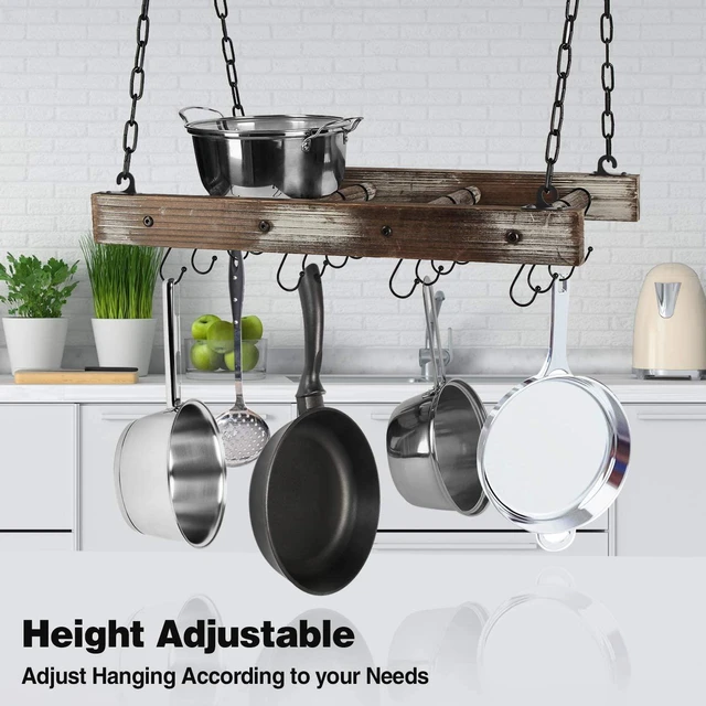 Alt view image 4 of 5 - Hanging Pot Rack Pan Ceiling Wall Mounted Hanger Multi- Purpose Rustic Wood and Metal Cookware Kitchen Storage Organizer With Utility 16 Hooks - MK603B