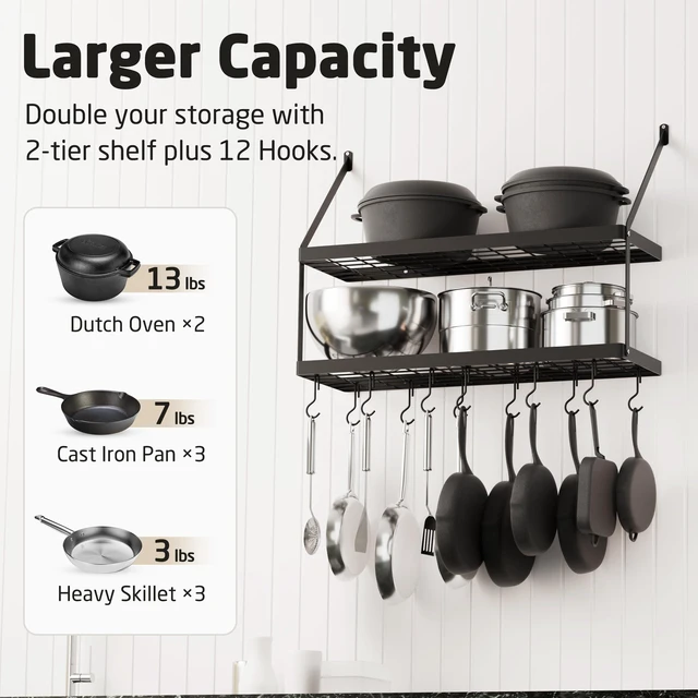 Alt view image 2 of 7 - Wall Pot Rack, 30-Inch, 100 Lbs Load, Heavy-Duty, Matte Black | 12 Removable S-Hooks, Cast Iron Pots and Pans Organizer, 16-Inch Stud Spacing, Kitchen & Dining Storage