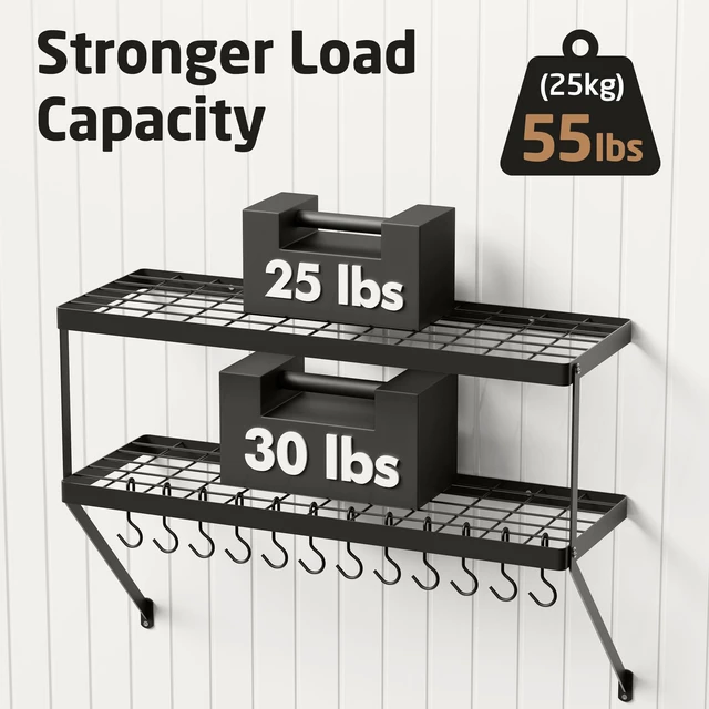 Alt view image 3 of 7 - Wall Pot Rack, 30-Inch, 100 Lbs Load, Heavy-Duty, Matte Black | 12 Removable S-Hooks, Cast Iron Pots and Pans Organizer, 16-Inch Stud Spacing, Kitchen & Dining Storage