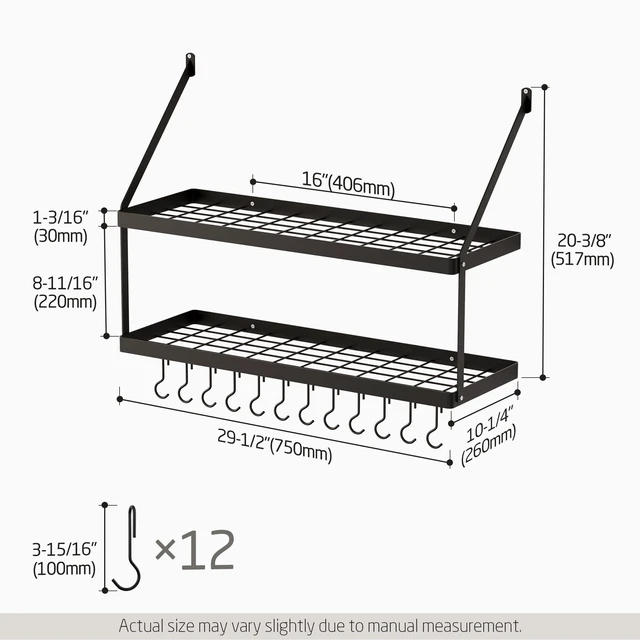 Alt view image 6 of 7 - Wall Pot Rack, 30-Inch, 100 Lbs Load, Heavy-Duty, Matte Black | 12 Removable S-Hooks, Cast Iron Pots and Pans Organizer, 16-Inch Stud Spacing, Kitchen & Dining Storage