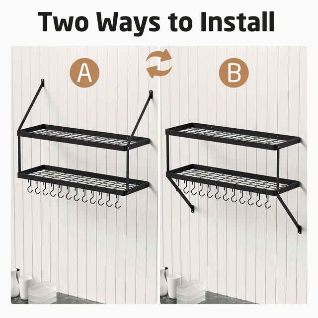 Alt view image 5 of 7 - Wall Pot Rack, 30-Inch, 100 Lbs Load, Heavy-Duty, Matte Black | 12 Removable S-Hooks, Cast Iron Pots and Pans Organizer, 16-Inch Stud Spacing, Kitchen & Dining Storage