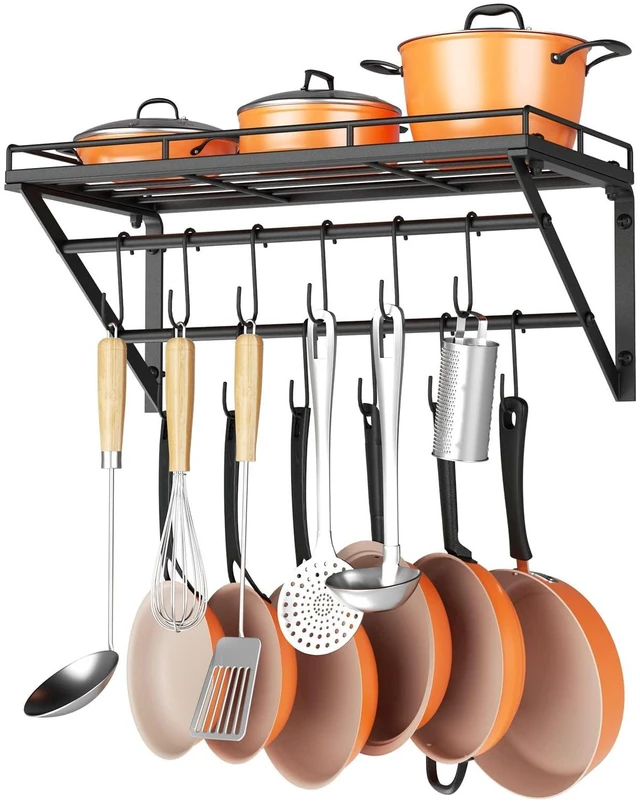Main image of Pot Rack Wall Mounted, Pot Organizer with 2 Tier Hanging Rails | Heavy Duty Pot and Pan Organizer with Storage Shelf & 12 S Hooks, Space Saving Hanging Pot Rack